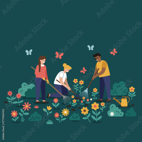A cartoon depicts three people gardening amongst flowers and butterflies, with a watering can