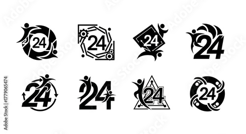 Collection of unique black and white vector logos depicting 24 hour service availability