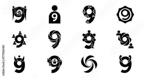 Twelve variations of the number nine as logos or artistic graphic elements in black and white