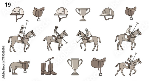 Detailed Vector Illustration of Equestrian Polo Equipment and Player Silhouettes in Action