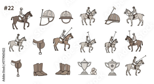 Illustrated Polo Equipment and Players Sporting Scene with Horses Vector Style Design