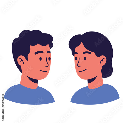 Two simple, graphic portraits a man with curly hair and a woman with straight hair, facing each other