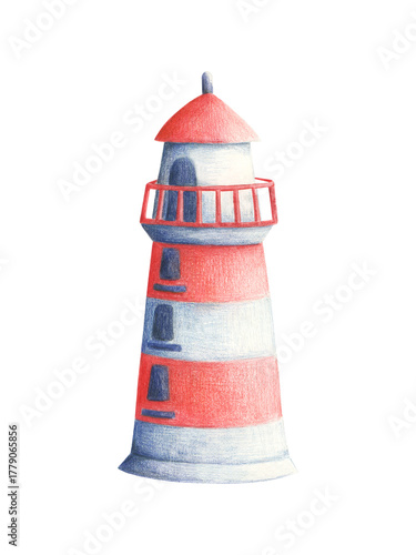 Hand drawn lighthouse illustration isolated on transparent background. Cute light tower clipart poster card painted with colored pencils. Striped red and blue beacon design.