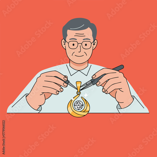 A jeweler with glasses holds tools, working on a golden pendant with diamond-like facets. Background is orange
