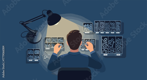 Person inspecting various mechanical parts under a lamp's light