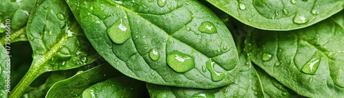 Close up of vibrant green spinach leaves with clear water droplets on their surface