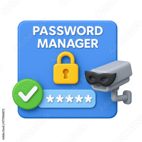 cyber security surveillance policy concept. Password manager icon with a lock and security camera.