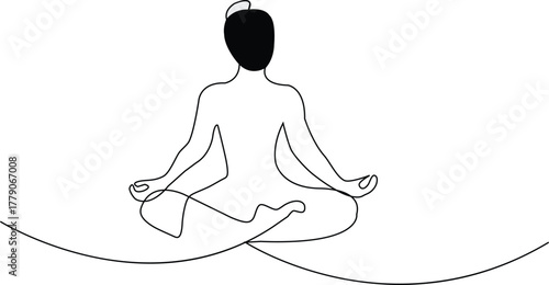Continuous one line drawing of beautiful female yoga pose character, Woman doing yoga and meditation continuous line drawing. Fitness and gym concept.
