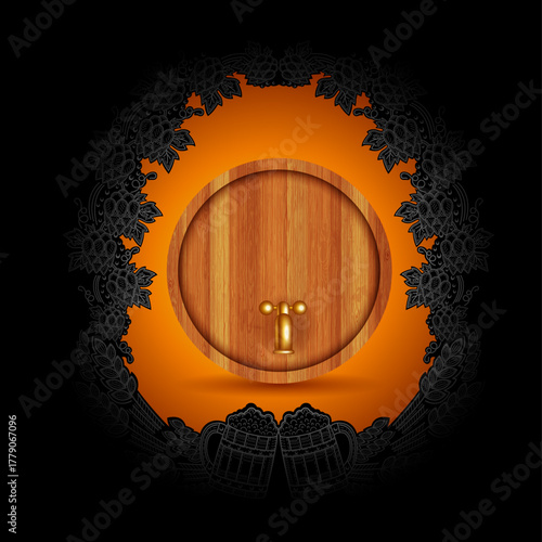 Wooden beer barrel and hop pattern on black and orange background