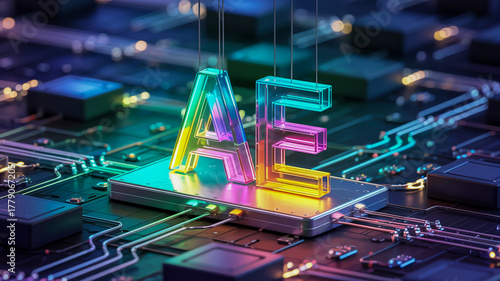 A photorealistic 3D render of the Adobe After Effects logo AE floating above a circuit board