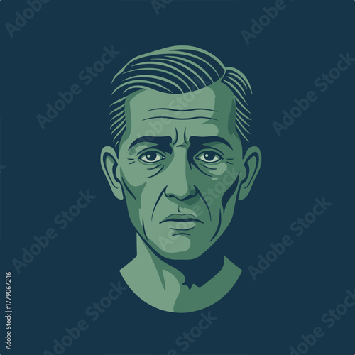 Simplified illustration of a man's face, frontal view, with a stoic expression, against a dark blue background
