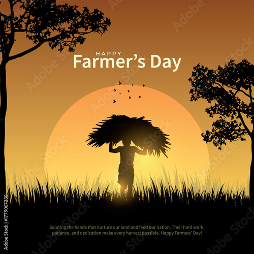 Happy Farmers Day Text with an Indian farmer silhouette vector illustration for a social media creative post template.