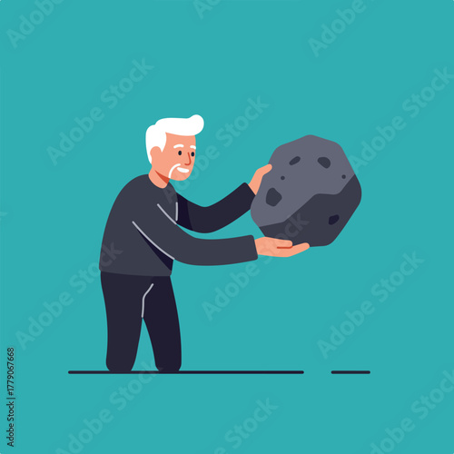 An elderly man, with white hair, holds up a dark gray rock with both hands against a teal background