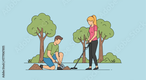 Couple using a metal detector in a park, searching for treasure