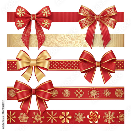 Festive Red and Gold Christmas Ribbons and Bows Collection on White