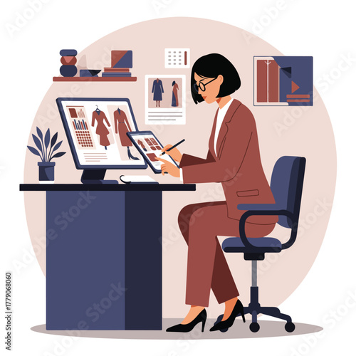 A fashion designer works at her desk with multiple screens displaying her designs. She is sketching on a tablet