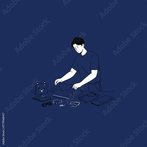 A person, surrounded by clothes and accessories, carefully arranges items on a solid, dark-blue surface