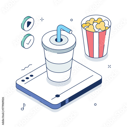 Isometric cinema food illustration with popcorn and drink symbolizing movie entertainment