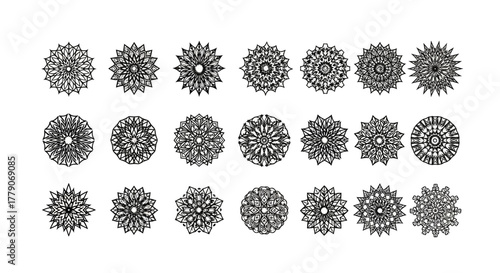 Aesthetic collection of abstract floral mandala illustrations in monochrome tones