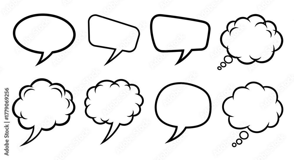 Fototapeta premium Diverse array of speech and thought bubbles featuring distinct shapes and styles