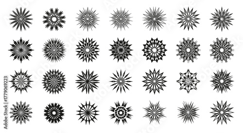Abstract decorative star shapes collection showcasing various modern designs, isolated artwork