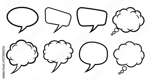 Diverse array of speech and thought bubbles featuring distinct shapes and styles