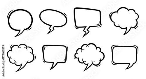 Diverse collection of hand-drawn speech bubbles in varying shapes and styles for communication