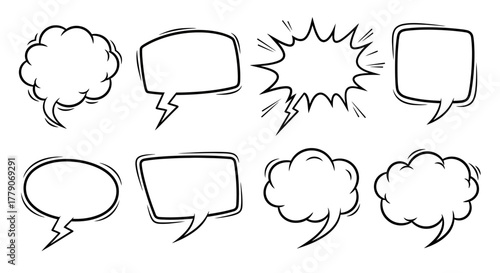 Hand-drawn speech bubbles of different shapes for use in conversations or comic strips