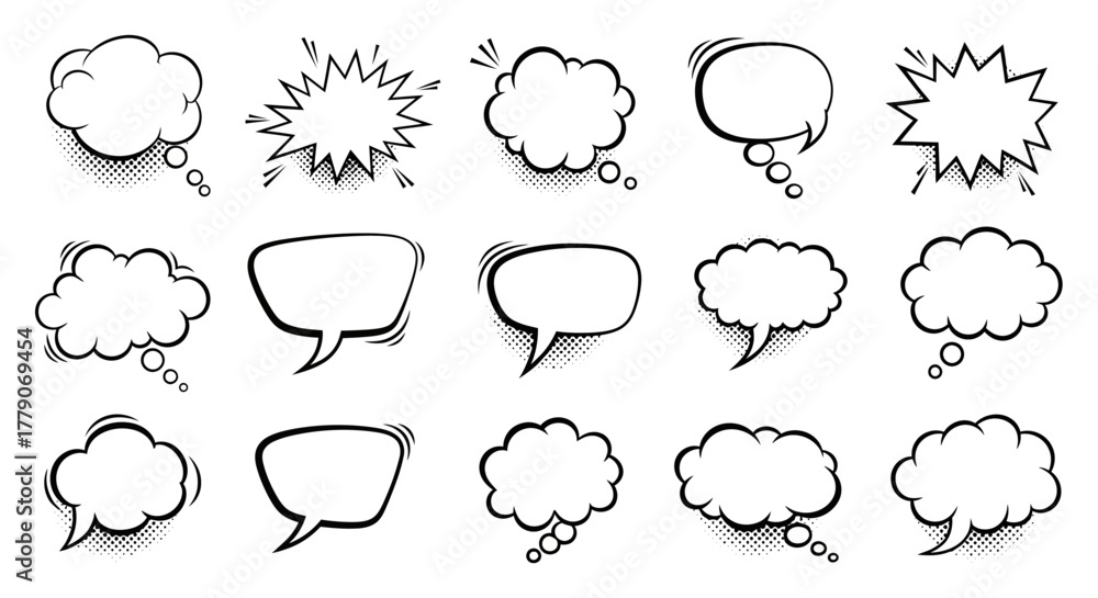 Fototapeta premium Assortment of outlined speech and thought bubbles, communication balloon collection