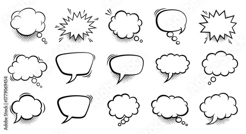 Assortment of outlined speech and thought bubbles, communication balloon collection