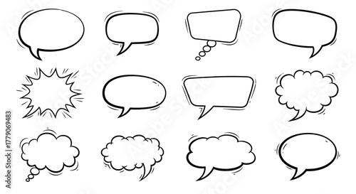 Collection of hand-drawn speech bubbles and thought balloons for creative communication design