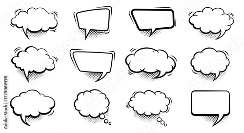Variety of comic bubble vectors with halftone effect for dialog design and text placeholders