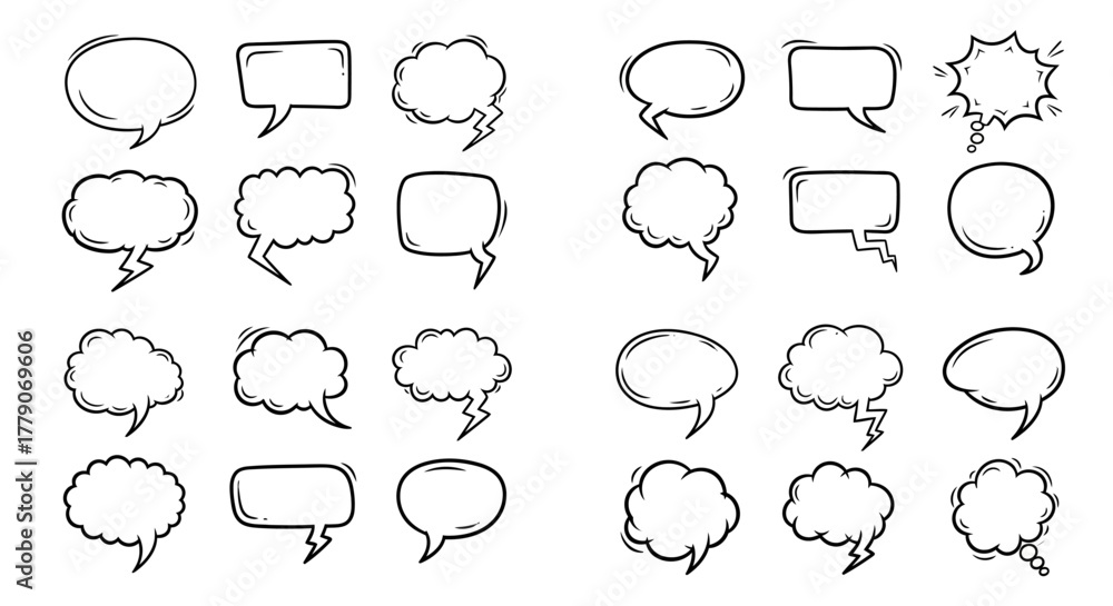 Fototapeta premium Hand drawn speech bubbles collection for communication, vector isolated elements illustration