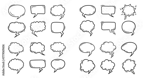 Hand drawn speech bubbles collection for communication, vector isolated elements illustration