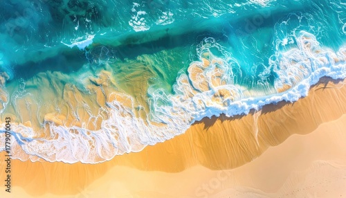 Aerial View Of Turquoise Ocean Waves Crashing On A Golden Sandy Beach With Subtle Textures And Soft Sunlight