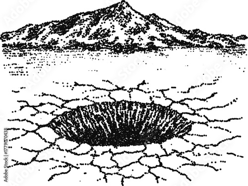 Stipple Mountain Range with Impact Crater — Black and White Vector Illustration Emblem