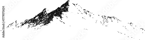 Stipple Mountain Peak Vector Illustration Emblem with Pines and River, Minimal Black and White Outdoor Badge