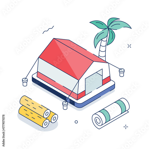 Isometric camping scene with tent and palm tree for travel and leisure concept