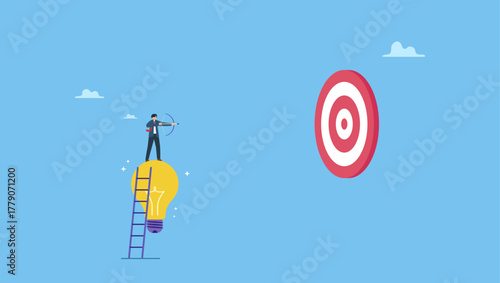 Businessman climb up ladder on lightbulb idea to shoot at target. Idea to achieve target, strategy or planning to achieve goal, innovation to insight to reach target, solution or creativity.