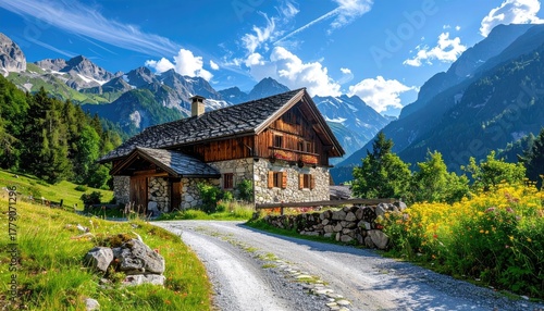 Alpine stone cottage nestled amidst lush green meadows and towering snow-capped mountains under a vibrant blue sky with scattered clouds