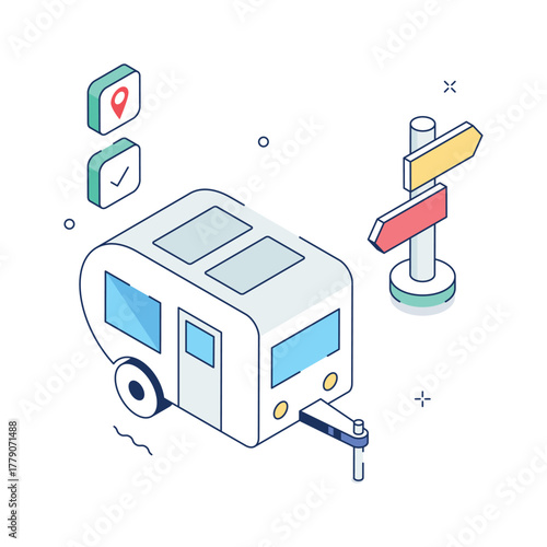 Isometric camping van illustration symbolizing road trips, travel, and leisure adventures
