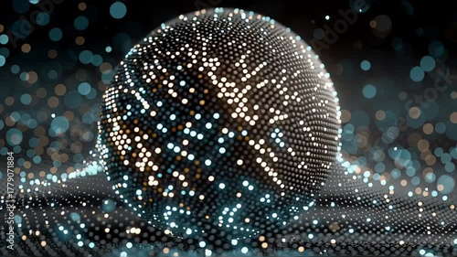 Futuristic digital sphere made of glowing particles over dynamic wave grid, generative ai
