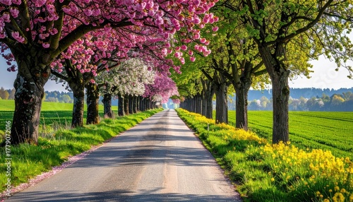 An Empty Country Road Lined With Blooming Cherry Blossom Trees and Vibrant Green Foliage Under a Bright Sunny Sky