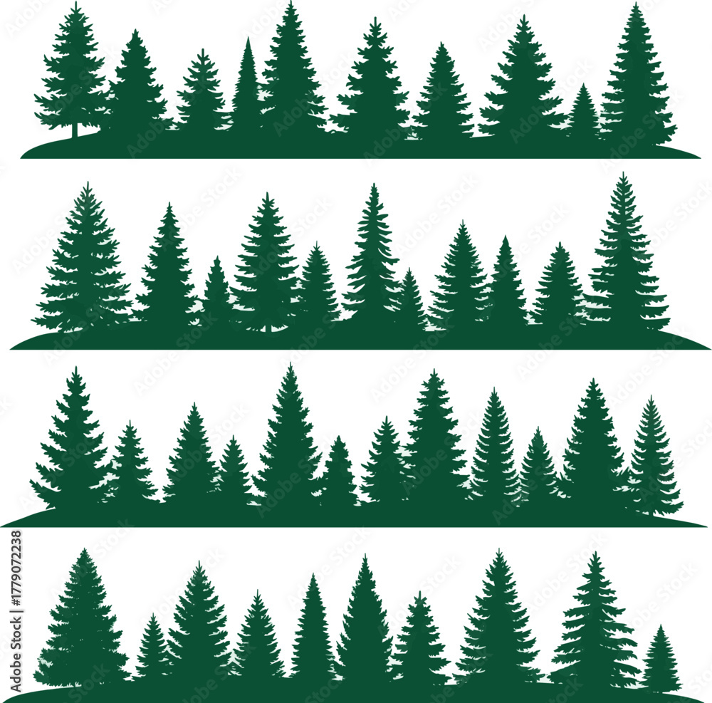 Obraz premium Isolated a kinds of deferent Forest silhouette trees Evergreen forest side view green shadow, for seamless border, architecture and landscape design drawing. vector art with white background