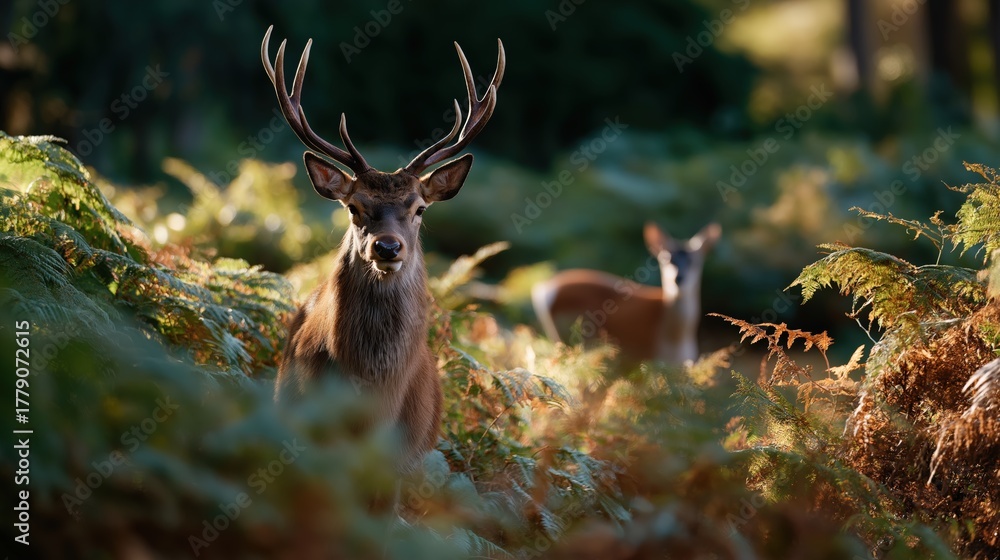 Naklejka premium Majestic deer in lush forest setting with vibrant greenery antlers wildlife scene natural environment outdoor photography peaceful habitat scenic wilderness wildlife conservation