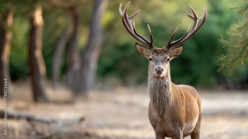Naklejka premium Majestic deer standing in lush forest with prominent antlers natural wildlife scene showcasing outdoor nature forest animal in natural habitat