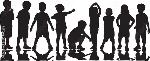Black Silhouettes of Kids Standing and Playing – Children Vector Illustration