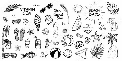 Hand drawn black and white summer beach vacation icons and symbols collection