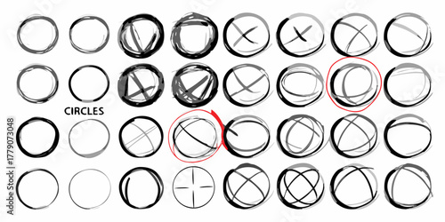 Collection of hand drawn black and gray circles with various internal markings and red highlights