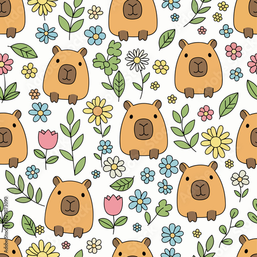 A whimsical seamless pattern featuring cute cartoon capybaras sitting happily among colorful, hand-drawn doodle flowers and leaves on a white background